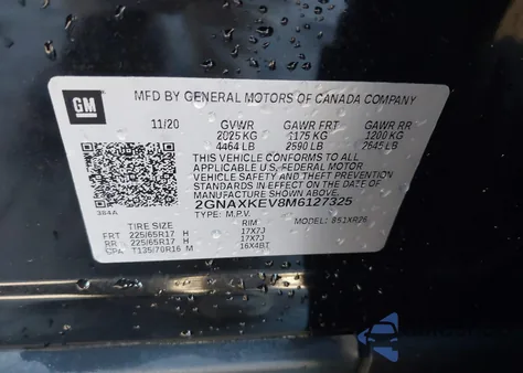 2021 Chevrolet Equinox Fwd Lt из США, поврежденный, VIN 2GNAXKEV8M6127325